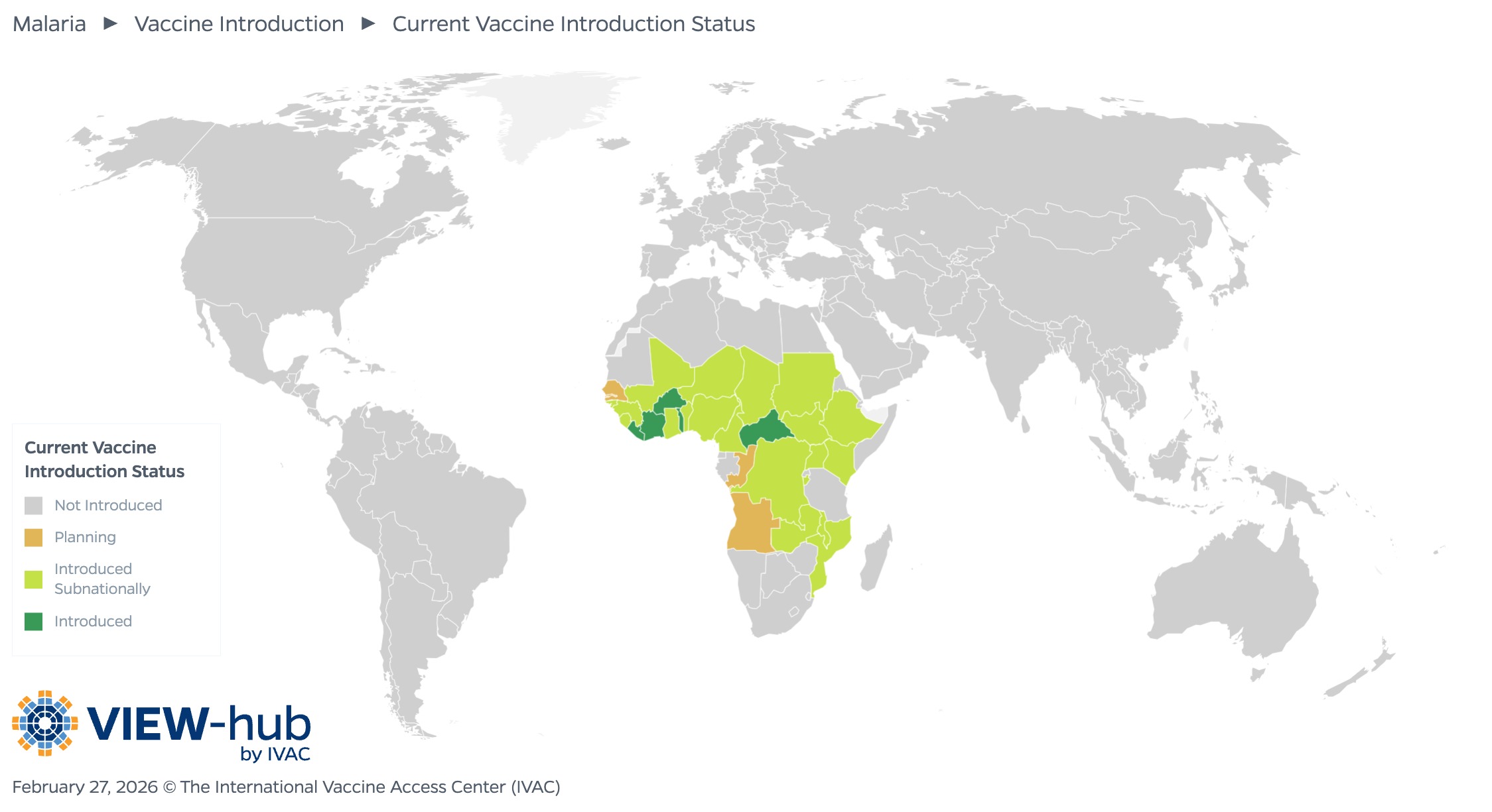 VIEW-hub map of malaria vaccine introduction