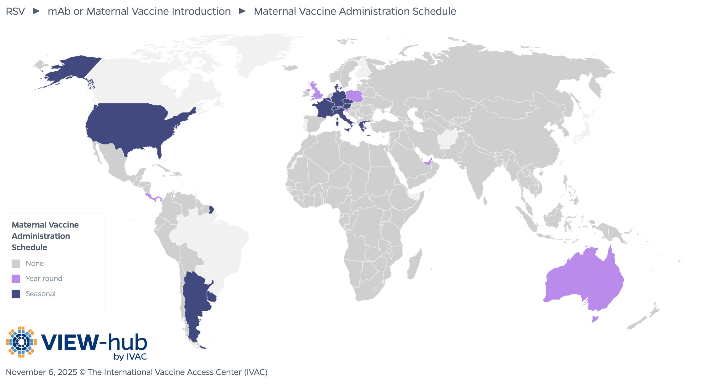 VIEW-hub map of RSV maternal vaccine administration schedule