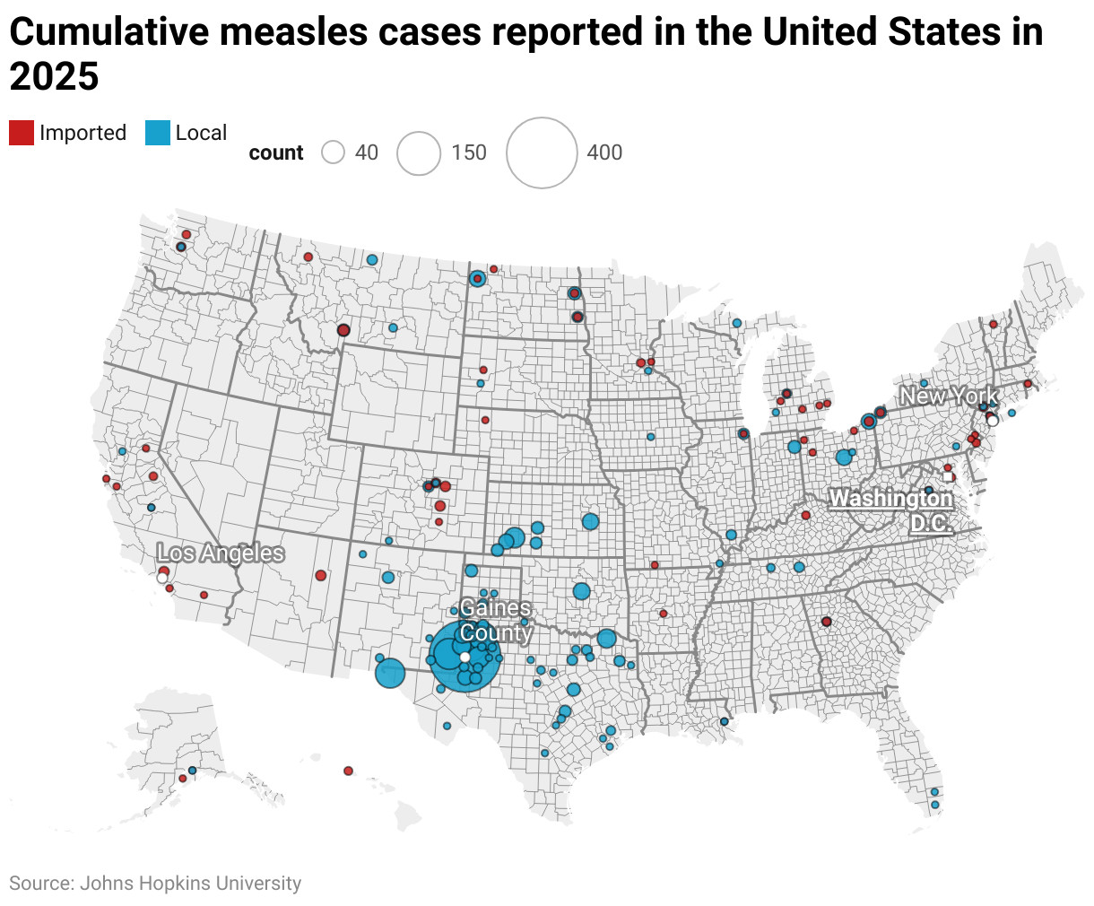 Cumulative measles cases reported in the United States in 2025